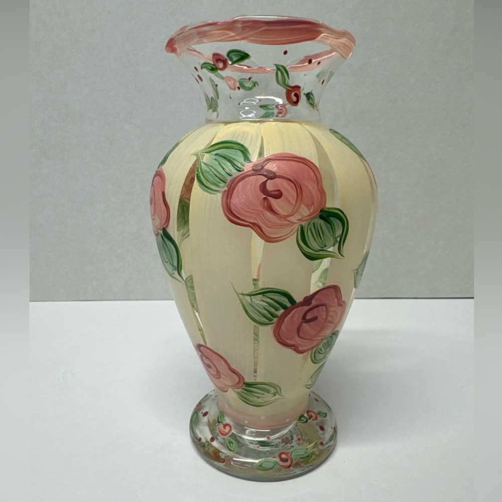 Floral Vase Hand Painted Glass Ruffled Rim 7.5 in